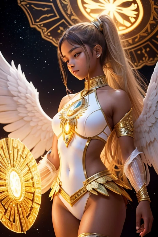 8k, masterpiece, ultra high quality, ultra detailed (real image, intricate detail, depth of field), mysterious atmospher, beautiful Angel, ebony skin, braided hair, horns, elf ears, lion eyes, detailed eyes, large golden translucent wings, wings at her back, Celestial atmosphere, candlelight, delailed wings, tanline, golden armour, sword in hands, brown skin, thick body, white tribal tattoo, wide hips, ultra detailed armour, mesmerizing look, celestial aura, In a garden, Infront of colourful ancient ruins, Night sky