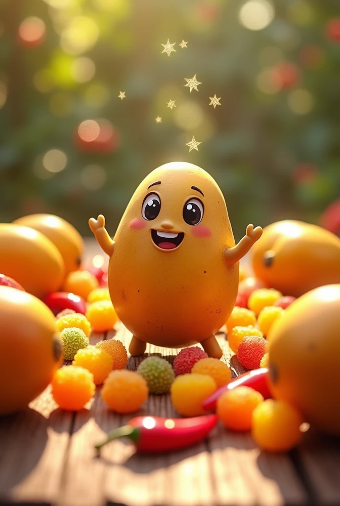 A cute, kawaii, animated brown potatoe that is acting very crazy and dummy, dancing crazily on a table, surrounded by many mangoes, lots of colorful gummies, and red chillies