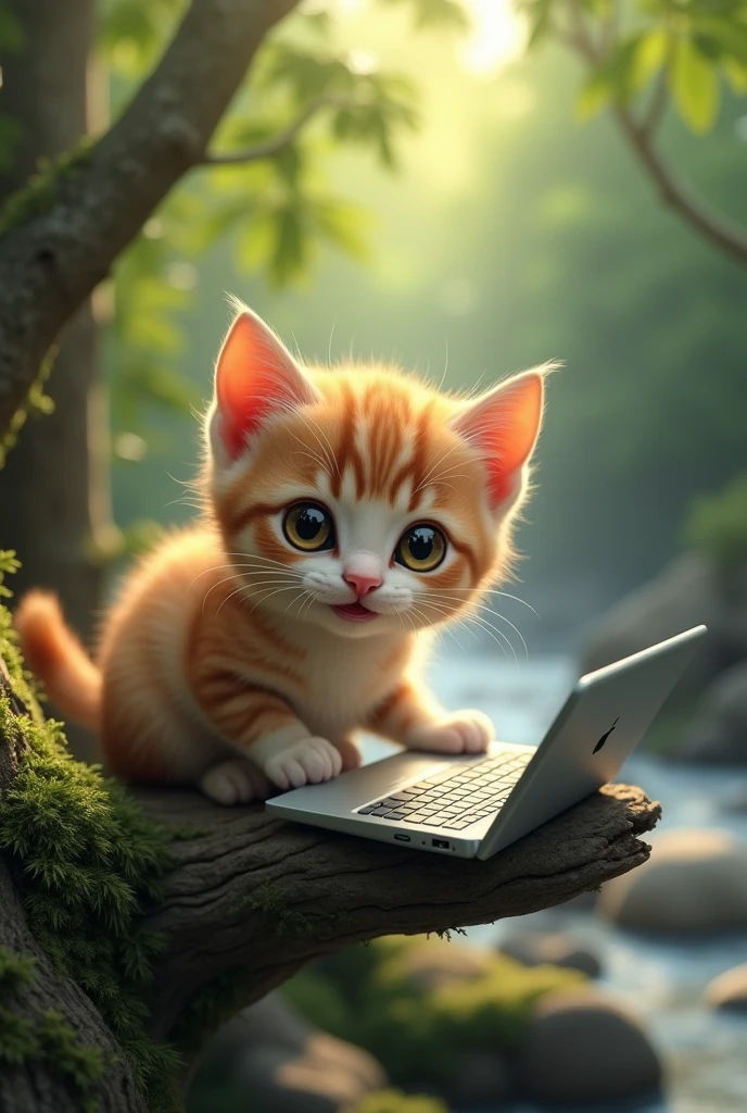 a smiling cute kitten playing with a computer, sitting on a tree branch in a forest next to a river, beautiful detailed eyes,beautiful detailed lips,extremely detailed eyes and face,longeyelashes,1 cat,cute,adorable,playful,whimsical,natural light,scenic,lush forest,stream,tree branch,realistic,photorealistic,photo-realistic:1.37,best quality,8k,highres,masterpiece:1.2,ultra-detailed,vivid colors,studio lighting,professional,physically-based rendering