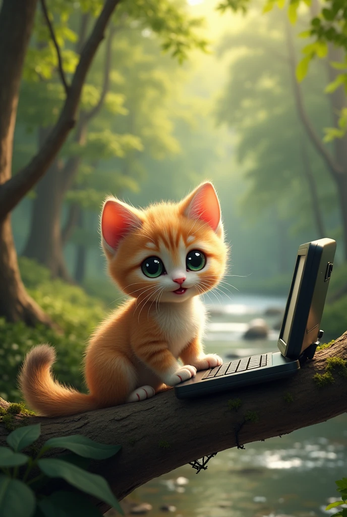 a smiling cute kitten playing with a computer, sitting on a tree branch in a forest next to a river, beautiful detailed eyes,beautiful detailed lips,extremely detailed eyes and face,longeyelashes,1 cat,cute,adorable,playful,whimsical,natural light,scenic,lush forest,stream,tree branch,realistic,photorealistic,photo-realistic:1.37,best quality,8k,highres,masterpiece:1.2,ultra-detailed,vivid colors,studio lighting,professional,physically-based rendering