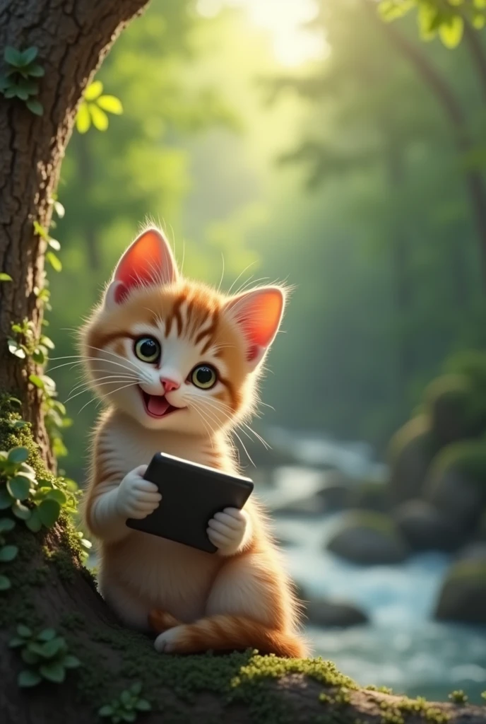 a smiling cute kitten playing with a computer, sitting on a tree branch in a forest next to a river, beautiful detailed eyes,beautiful detailed lips,extremely detailed eyes and face,longeyelashes,1 cat,cute,adorable,playful,whimsical,natural light,scenic,lush forest,stream,tree branch,realistic,photorealistic,photo-realistic:1.37,best quality,8k,highres,masterpiece:1.2,ultra-detailed,vivid colors,studio lighting,professional,physically-based rendering