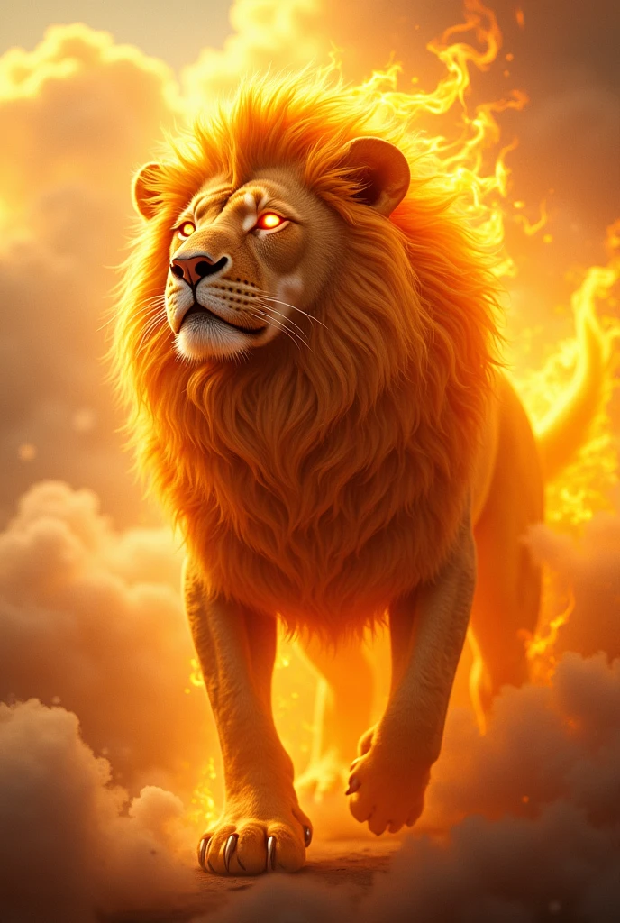 (best quality, masterpiece, ultra detailed, ultra high res, photorealistic, raw photo, absurdres, absolutely resolution), A fictional creature that combines Lion and Sun, The whole body shines like the sun, （with a mane of flames:1.4), eyes like the sun, golden claws and fangs, and a powerful and majestic overall.
