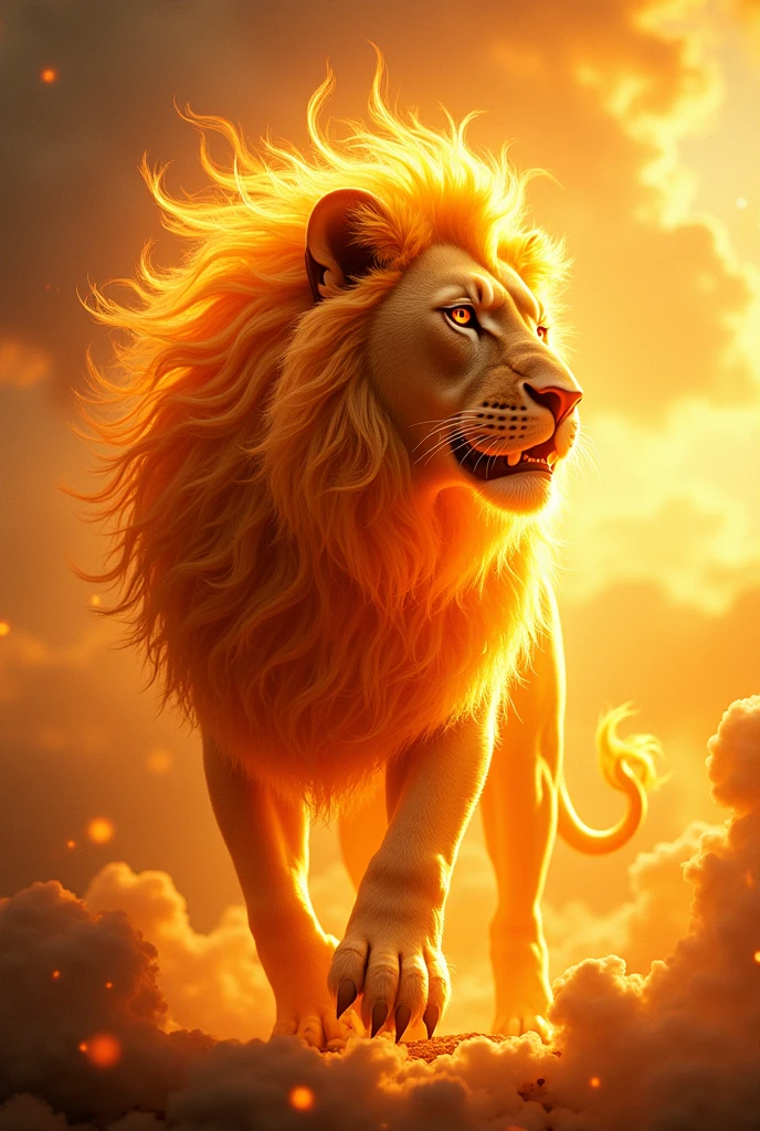 (best quality, masterpiece, ultra detailed, ultra high res, photorealistic, raw photo, absurdres, absolutely resolution), A fictional creature that combines Lion and Sun, The whole body shines like the sun, (with a mane of flames:1.4), eyes like the sun, golden claws and fangs, and a powerful and majestic overall.