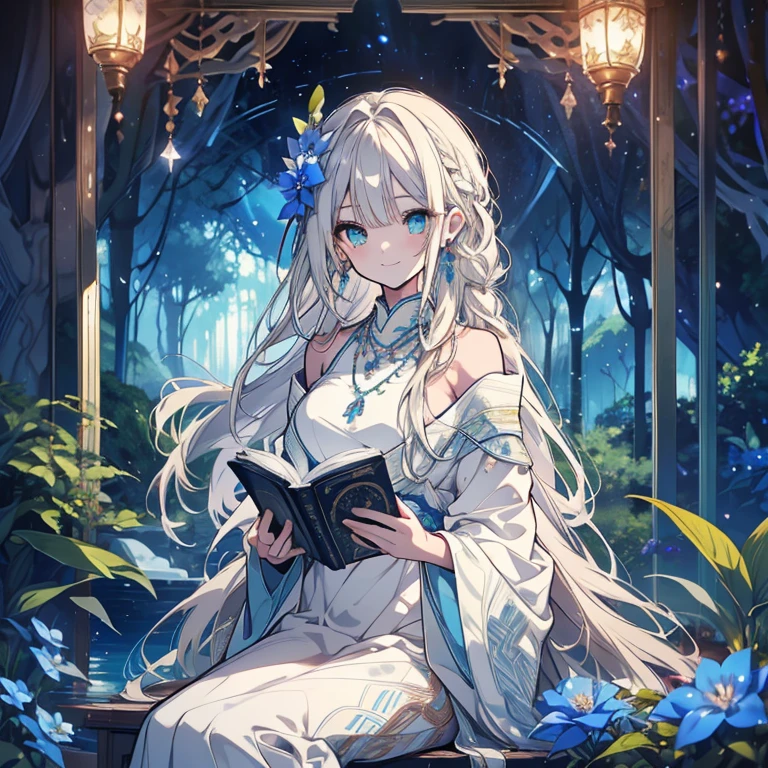 1 person、Mature、Ample breasts、Long Hair、Braid、Silver blonde hair、Jade green eyes、White Dress、Tribal pattern、accessories、Shoulder Bare、Earrings、necklace、Night Forest、sit、Fantasy、By the sparkling blue lake、A book in one hand、Gentle smile、Blue flower flower garden、