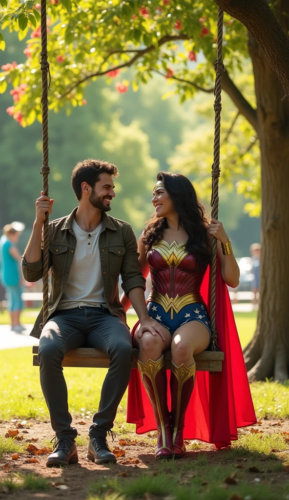 Give me a picture of Wonder woman with man, sitting on a swing in a park