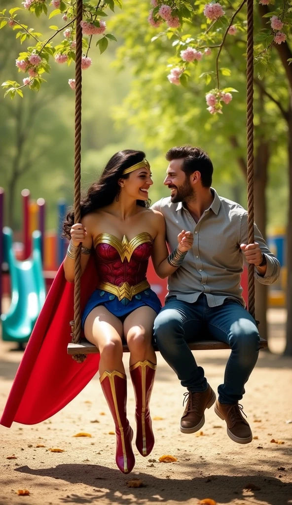 Give me a picture of Wonder woman with man, sitting on a swing in a park