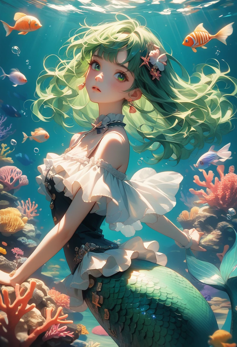Mermaid's、The Little Mermaid、Shortcuts, Bangs, Green Hair, In the sea、リトルMermaid'sような、Mermaid's、Sparkle Effect, Chiaroscuro, jellyfish、tropical fish、Coral、Sunken Ship