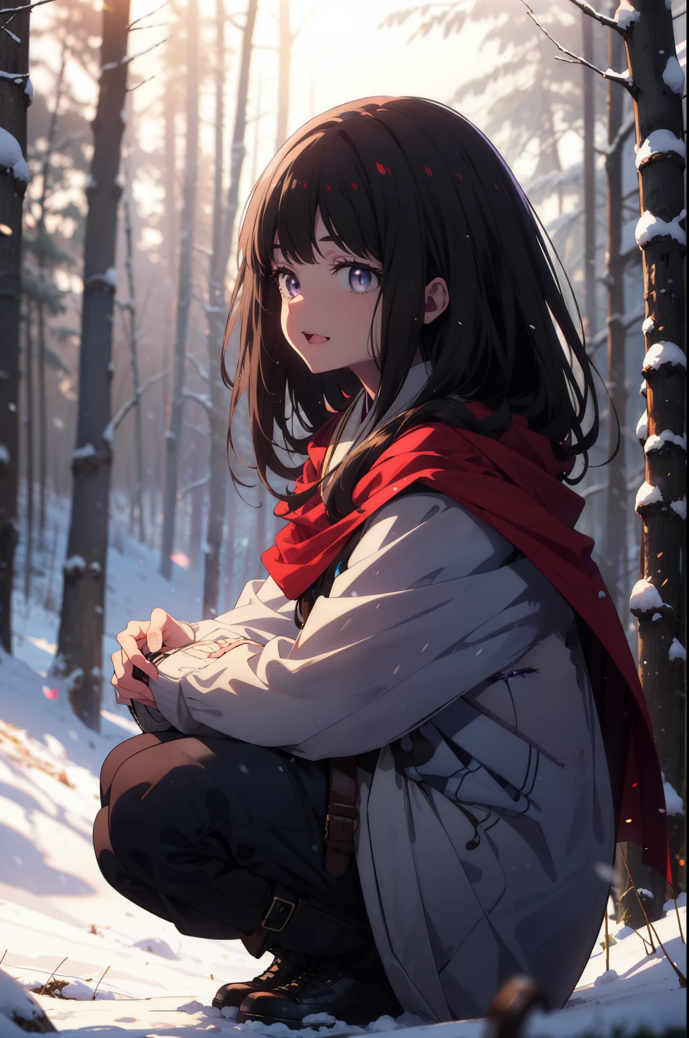 Takiuchi, Inoue Check, Long Hair, bangs, Black Hair, (Purple eyes:1.2),smile,
Open your mouth,snow, fire, Outdoor, boots, snowing, From the side, wood, suitcase, Cape, Blurred, forest,  nature, Squat,  Cape, winter, Written boundary depth, Black shoes, red Cape break looking at viewer, Upper Body, whole body, break Outdoor, forest, nature, break (masterpiece:1.2), Highest quality, High resolution, unity 8k wallpaper, (shape:0.8), (Beautiful and beautiful eyes:1.6), Highly detailed face, Perfect lighting, Highly detailed CG, (Perfect hands, Perfect Anatomy),
