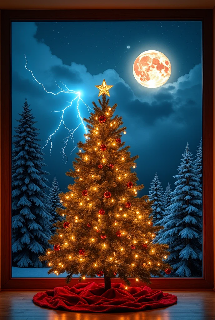 Make a Christmas tree with a window in the background, that the window have a side of night and a side of day, that the night has lightning and a moon; and the day be bright sunshine
