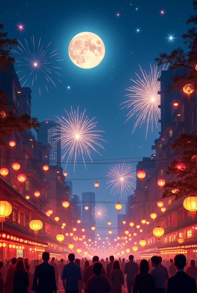 Mid-Autumn Festival in Hong Kong,Hong Kong elements。A bright full moon hangs high in the clear blue night sky,A little star shines。In the city of Hong Kong,lanterns and art installations adorn the entire environment,Adding a mysterious atmosphere to the festival。In the night sky,Brilliant fireworks bloom,Pushing the entire celebration towards,People look up at the sky,Celebrating the Mid-Autumn Festival。This moment is filled with tradition and celebration,Presenting an unforgettable artistic panorama。