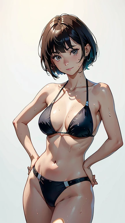(Highest quality, masterpiece, High resolution)、(Anime Art)、 (reality)、Beautiful woman、(1 female)、18-year-old、(Please put your hands on your hips)、(Detailed depiction of a beautiful face)、Smiling Kindly、chest、Slim figure、medium short hair、semi-long、Two-tone hair、Wet、Sweat、bikini、micro bikini、A pareo skirt with bold ethnic patterns and plenty of primary colors、Realistic Skin、Wet、whole body、No zoom、No close-ups、Cinematic Light、Tropical colors、(Blank Background)、(White Background)、Perfect Face, Cute and symmetrical face, Glowing Skin, Sunburned skin, (short hair:1.2, Bobcut:1.2, Brown Hair), Asymmetrical bangs, Oil