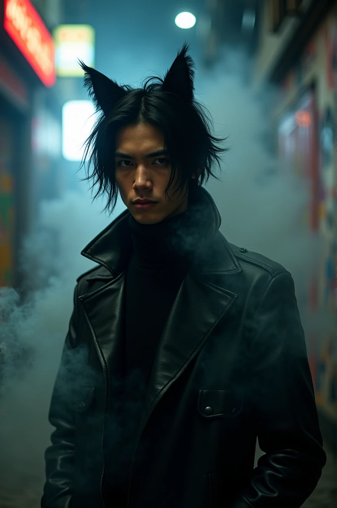 Black-haired man in a black jacket and a cat ear with smoke