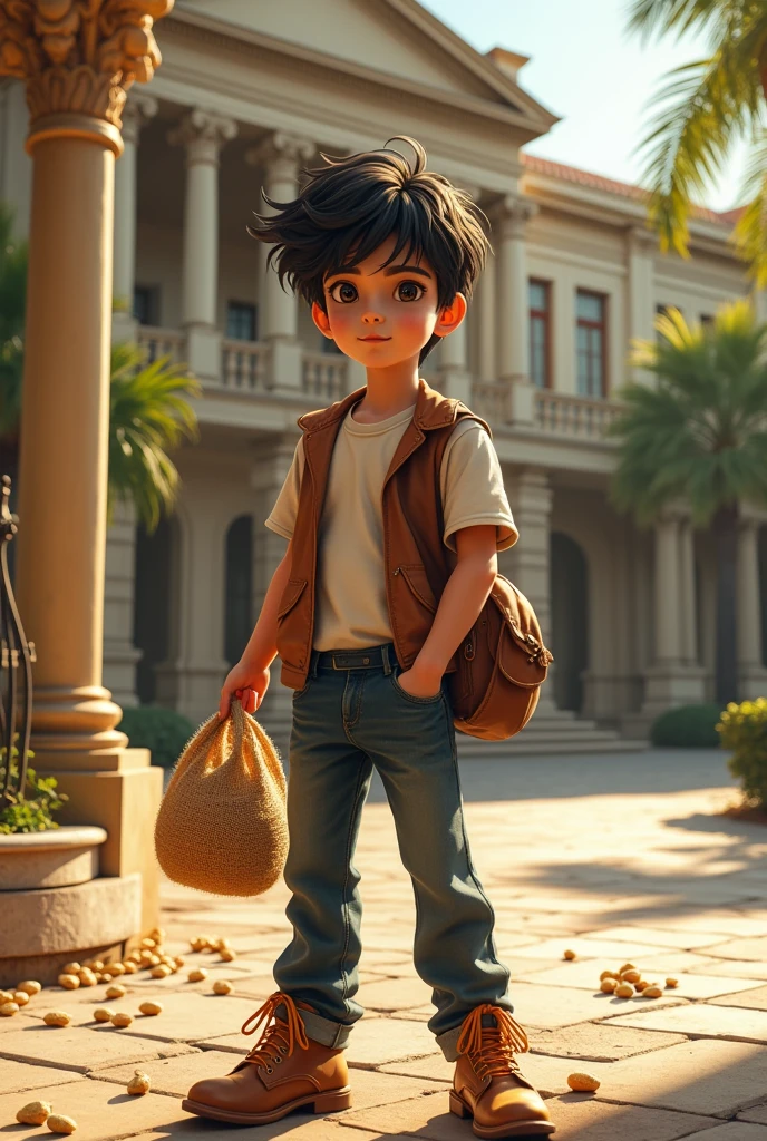 Make a tall, white boy with black hair and generally thin. Selling peanuts, with a mansion in the background and lots of money