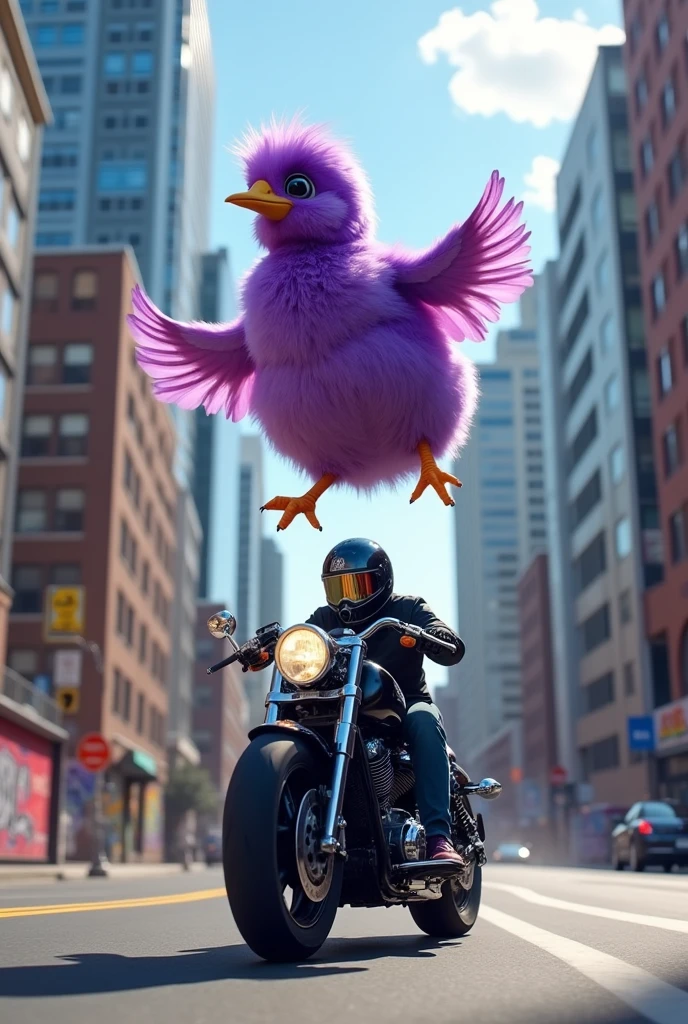 I want a purple chick, doing a backflip, while dodging a moving motorcycle