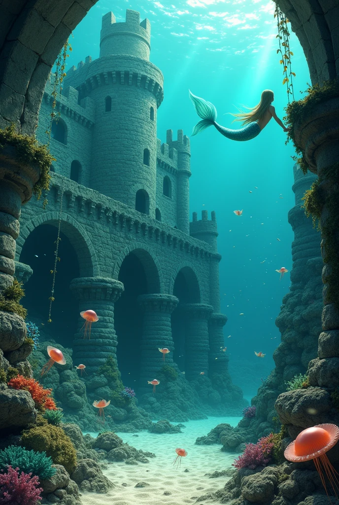 Underwater realm with an old short rock made castle and some mermaids and sea creatures swimming in the background