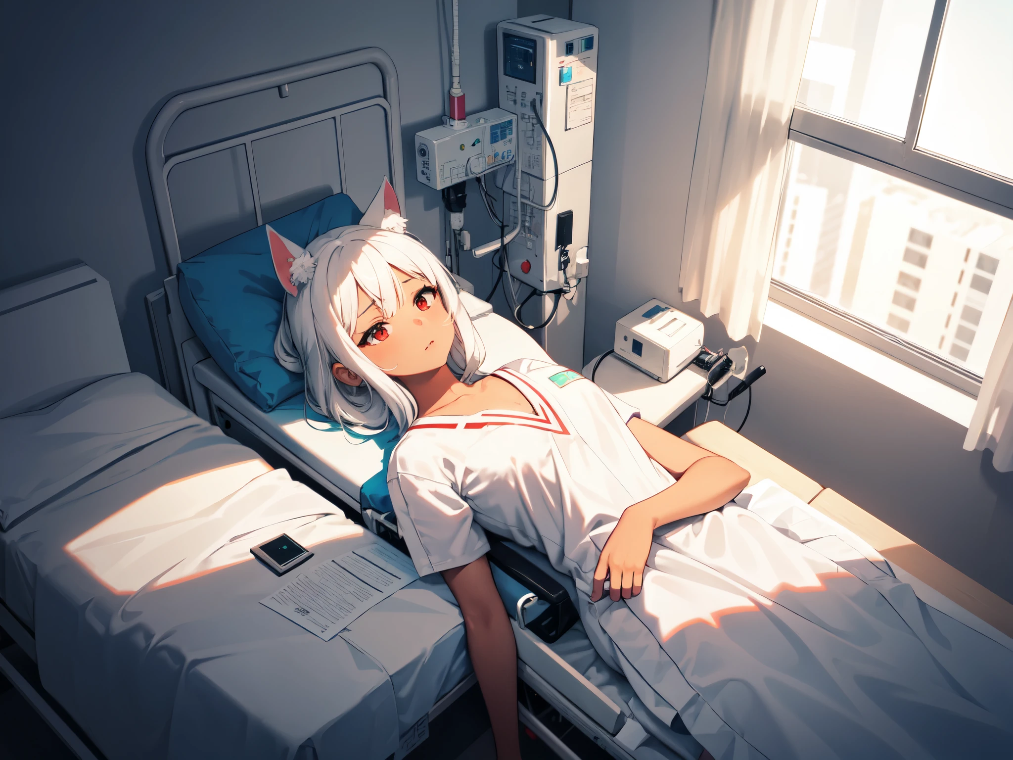 ((Highest quality)), ((Masterpiece)), (details), 1 female cat ear,red eyes,tan skin,white hair, Patient gown,Egypt,hospital,Patient bed,Wake up from unconsciousness,still remain,
