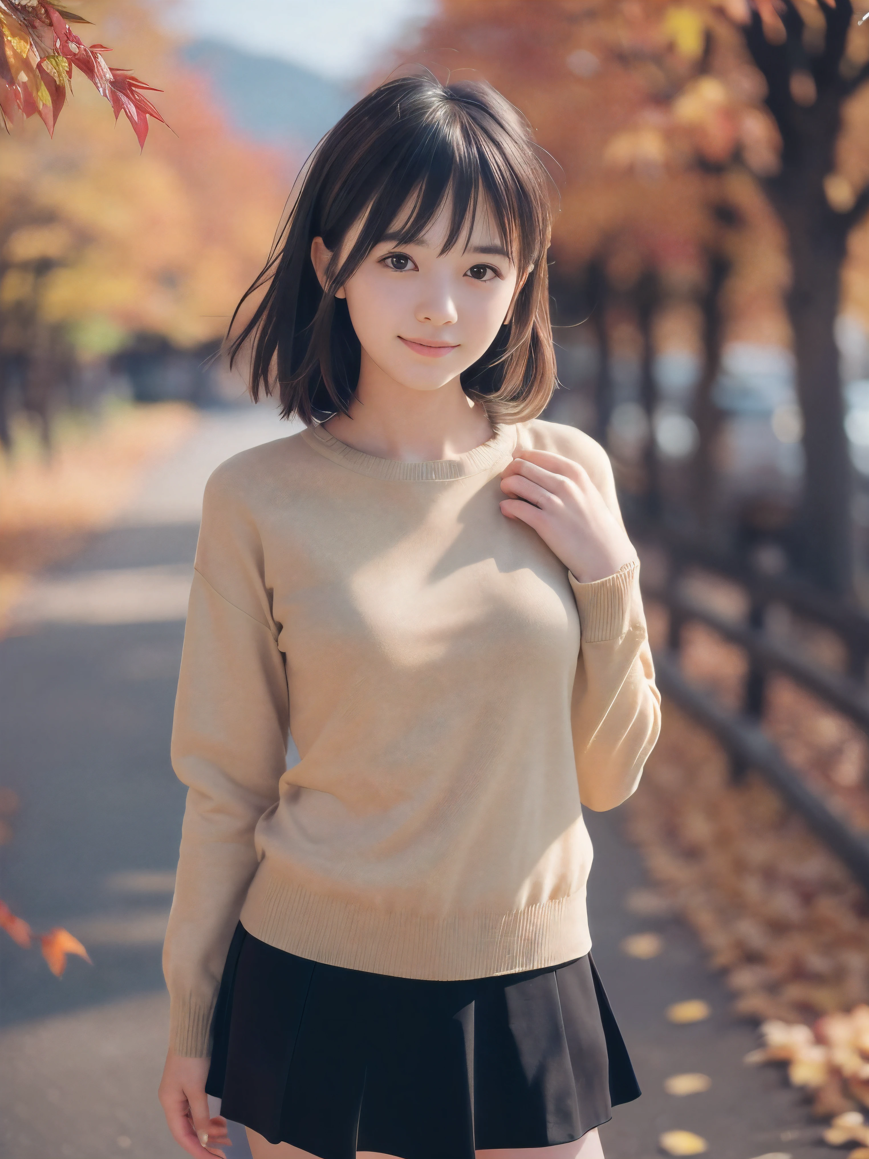 (Close up face shot of one slender small breasts two side up black medium hair bangs girl in autumn colorful long sleeves shirt and sweater1.5)、(One girl is standing on the dart road near the lake with cute smile and fogy condition:1.5)、(Beautiful red leaves and autumn mountain view:1.5)、(8k ultra detailed master piece:1.5)、(perfect anatomy:1.5)、(Photorealistic stick:1.5)、(Raw photo:1.3)、(highest quality:1.5)、(High resolution:1.3)、(Delicate and beautiful perfect face:1.3)、(Delicate and beautiful eye air skin:1.3)、(Real Human Skin:1.3)、((thin legs))