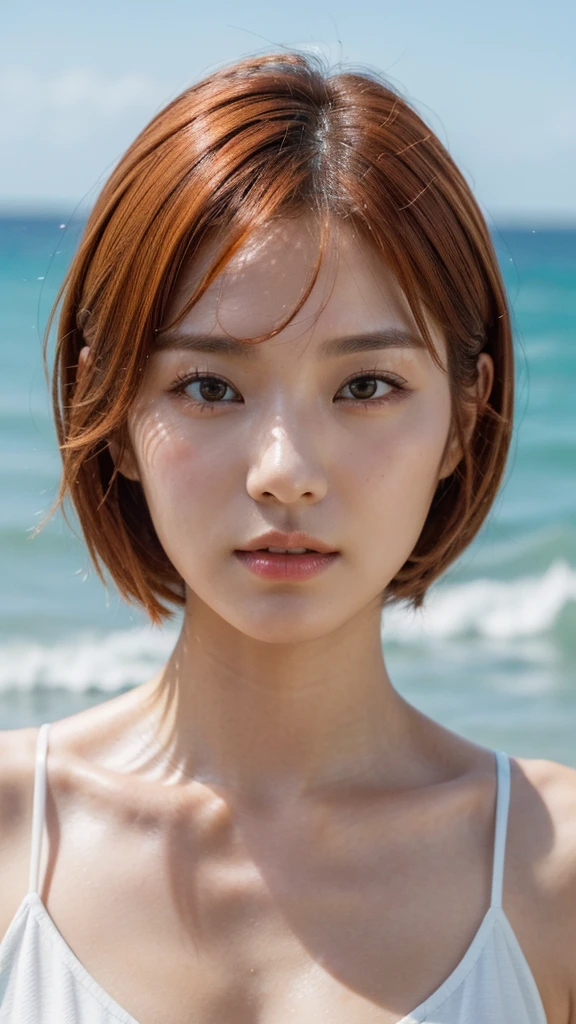 Model actress、One Woman、cool、Japanese and half European、Close-up of face、30 generation beauty、Realistic Skin、4K images、bright orange hair、Short Hair、Seaside