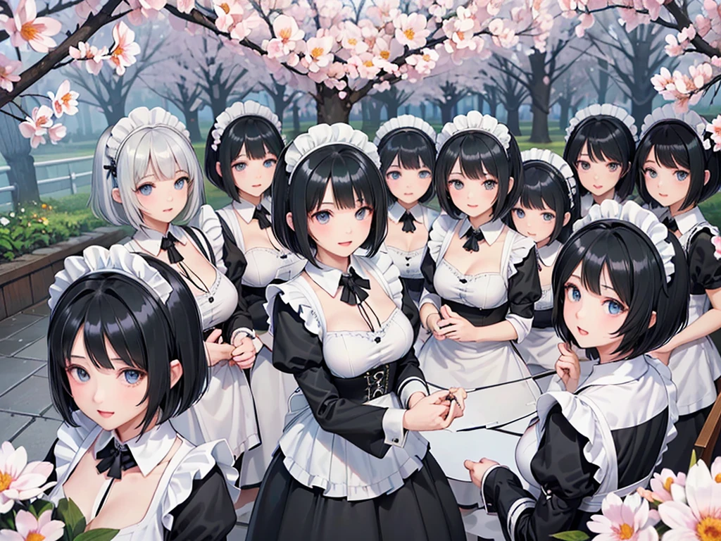 (((clone girls art))), (((Ultra HD, Highest quality, Ultra-high resolution))), (((((Maid clothes:1.7))))), Women, Small face, (((((Thick black hair, short hair:1.9))))), (Cute expression, A gentle gaze), ((smile:1.5)), (Big Breasts, Cleavage:1.5), ((Very detailed, 1girl, cloning:1.6)), (((6+girls:1.8))), (((Very detailed, Perfect same person, 100 people:1.8))), (((Western-style garden, A beautiful sight of blooming flowers))), top view, Perspective