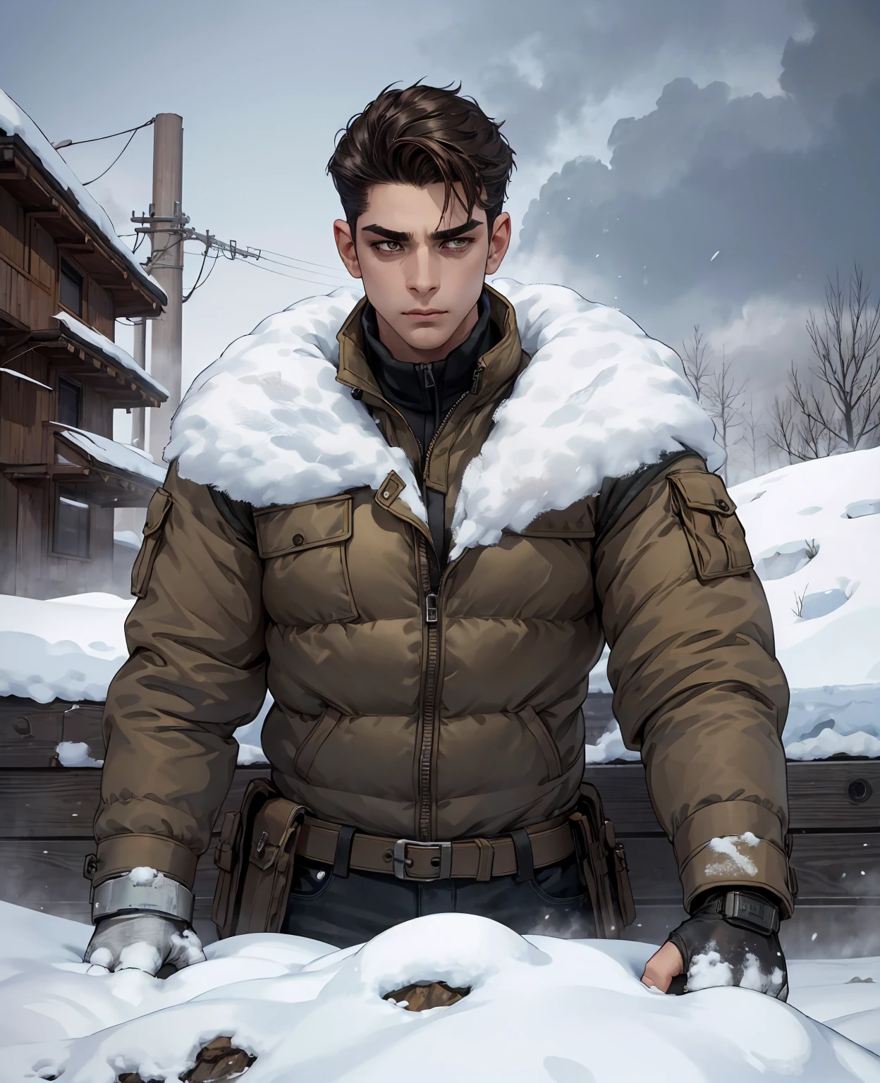 a young man, medium build, clean-shaved face and short dark brown hair, deep brown eyes, wearing a black and yellow hoodie, frozen age apocalypse, snow, (best quality,4k,8k,highres,masterpiece:1.2),ultra-detailed,(realistic,photorealistic,photo-realistic:1.37),cinematic lighting, dramatic atmosphere, detailed facial features, detailed clothing, muted color palette, snow-covered landscape, post-apocalyptic setting