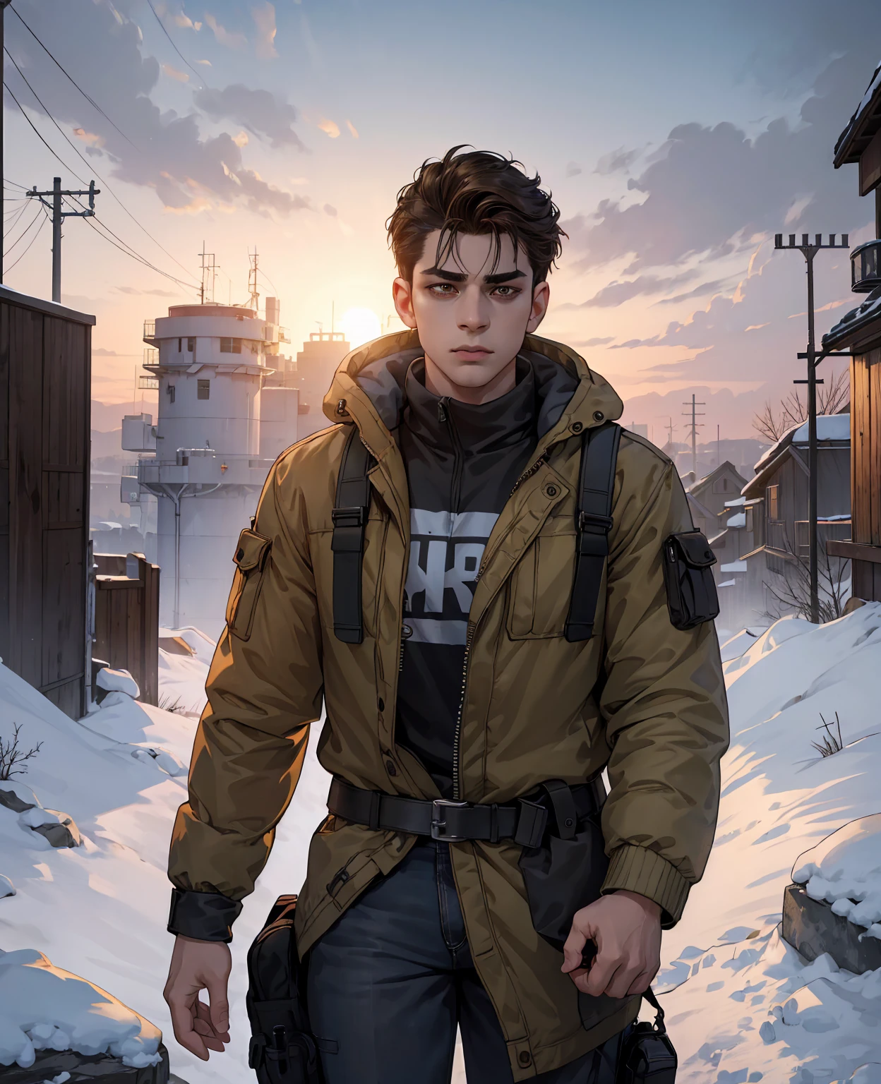 a young man, medium build, clean-shaved face and short dark brown hair, deep brown eyes, wearing a black and yellow hoodie, frozen age apocalypse, snow, (best quality,4k,8k,highres,masterpiece:1.2),ultra-detailed,(realistic,photorealistic,photo-realistic:1.37),cinematic lighting, dramatic atmosphere, detailed facial features, detailed clothing, muted color palette, snow-covered landscape, post-apocalyptic setting
