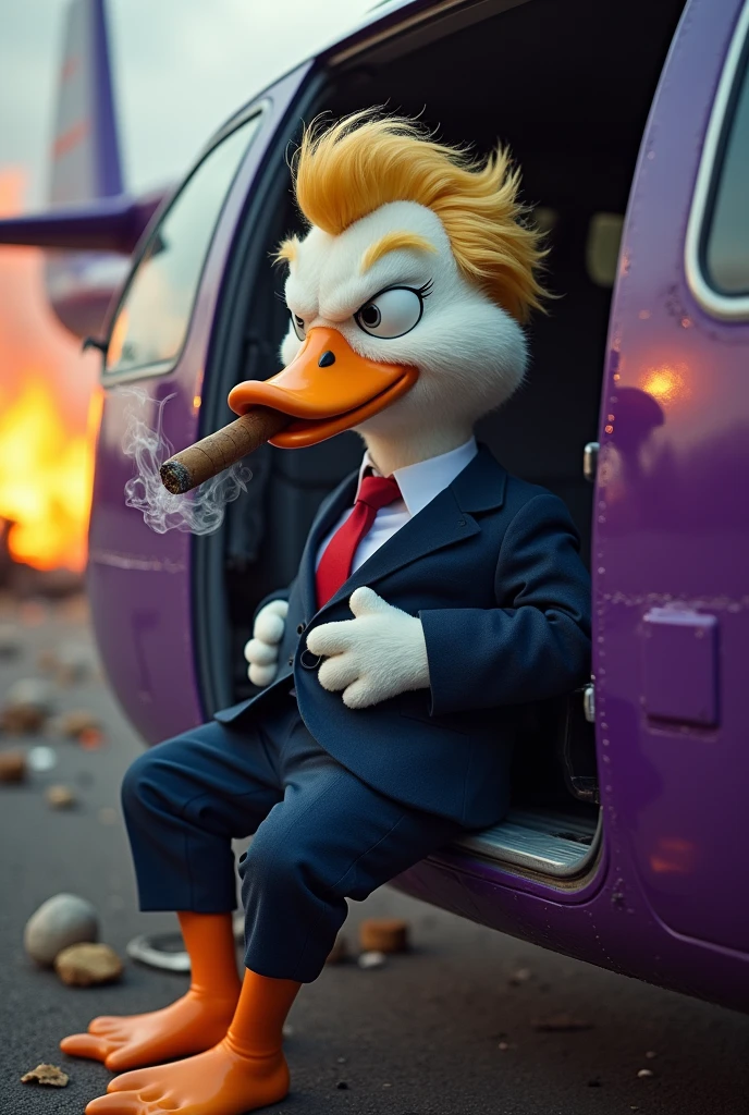 Mafia soft fur skin duck with hairstyle of donald trump wearing suit and pant smoking cigar sitting on the side of a open door purple helicopter flying in the air, battlefield backgrond, fire everywhere
