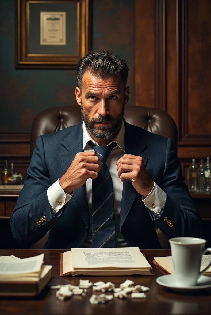 Make me a book cover with the title "Fifth Shade Of Haaland" the background is a man sitting at an office desk taking off his tie with a stack of documents on the table