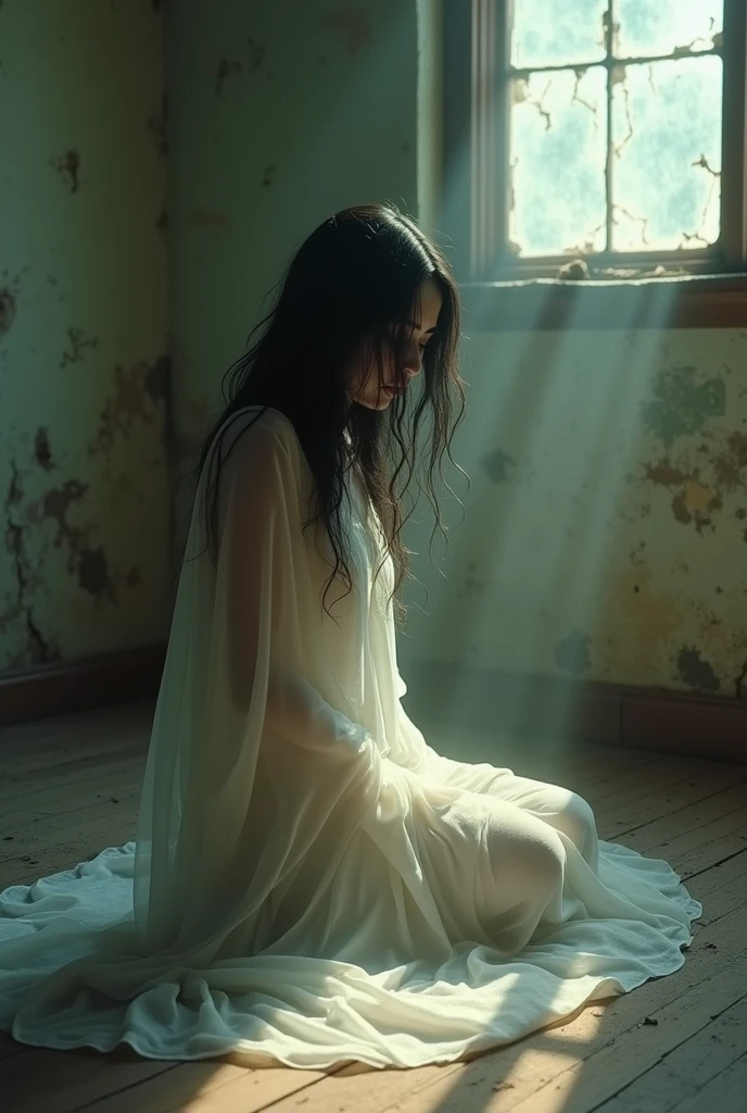 In 3d animation style "AA close-up of a ghostly figure of a woman in a white sari sitting in a dusty room, her face hidden behind her hair"