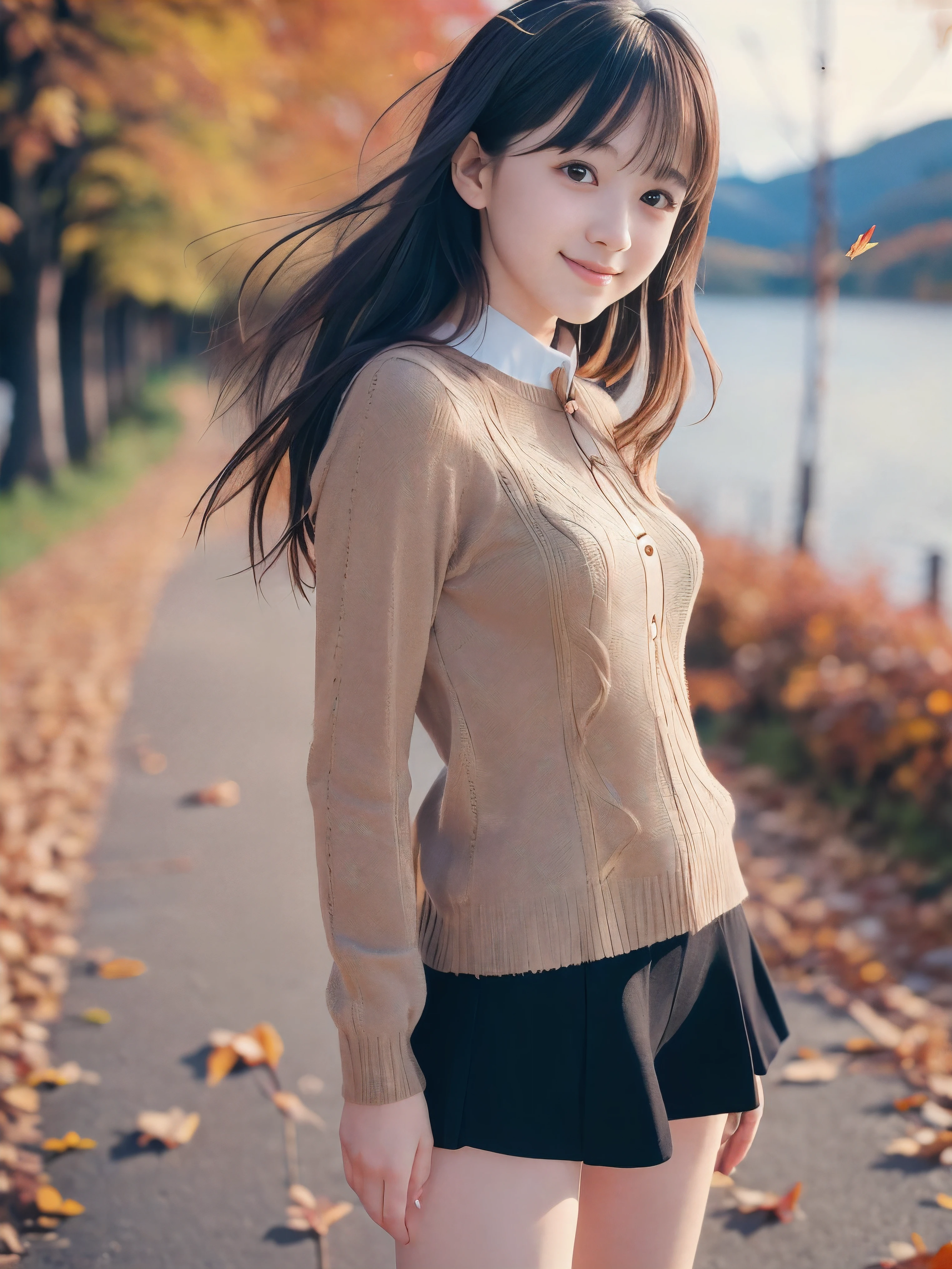 (Close up face shot of one slender small breasts two side up black medium hair bangs girl in autumn colorful long sleeves shirt and sweater1.5)、(One girl is standing on the dart road near the lake with cute smile and her hair is blowing by the wind:1.5)、(Beautiful red leaves and autumn mountain view:1.5)、(8k ultra detailed master piece:1.5)、(perfect anatomy:1.5)、(Photorealistic stick:1.5)、(Raw photo:1.3)、(highest quality:1.5)、(High resolution:1.3)、(Delicate and beautiful perfect face:1.3)、(Delicate and beautiful eye air skin:1.3)、(Real Human Skin:1.3)、((thin legs))