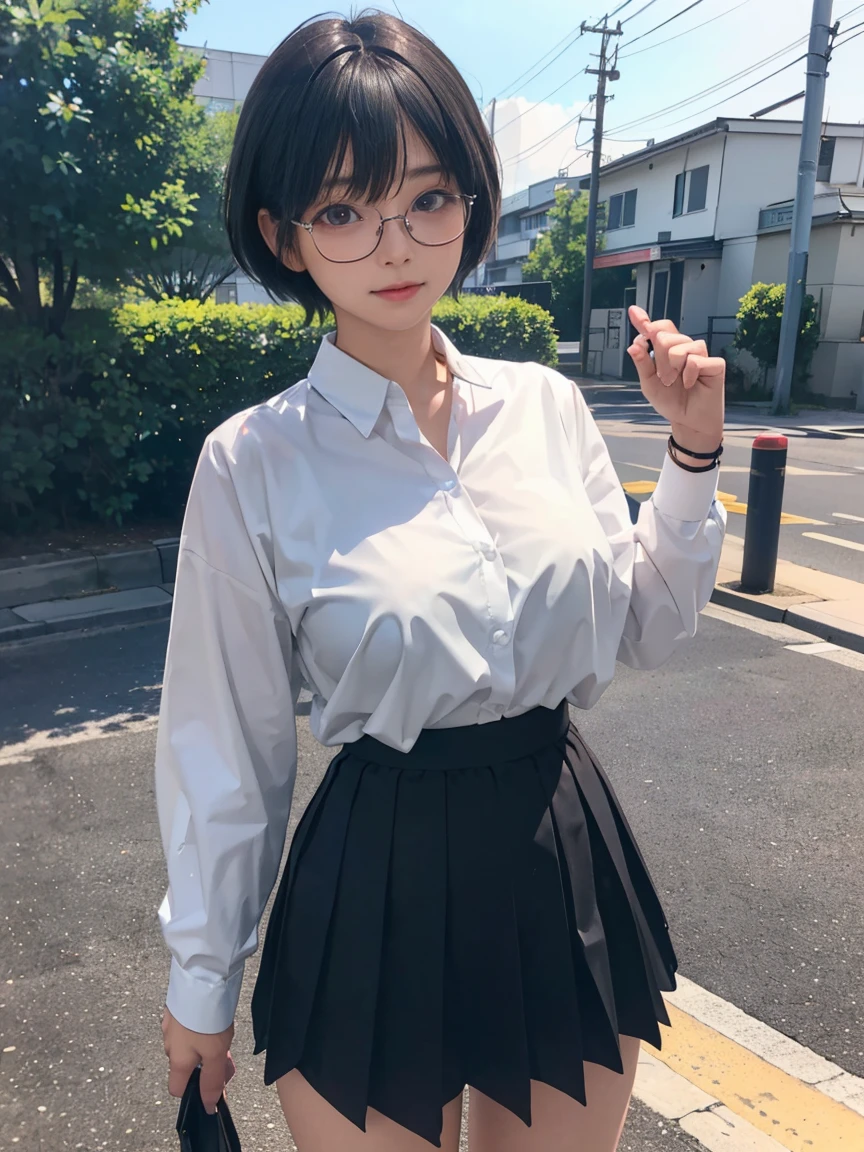 8k, RAW Photos, Highest quality, masterpiece, Realistic, Realistic, (1 Ultimate beauty), high school girlの,(Strictly adhere to a composition where only one person appears in the photo)、(On the way to school)(Wear rimless glasses)((high school girl))(((Shirt and flare skirt)))Highly detailed face, (Perfect Teeth), fine grain, double eyelid, eyelash, Lip details, (((Black short bob hair), (((Very large breasts)))Big Breasts,(((Accentuate your cleavage)))(((Random Pause)))(((Emphasize the flesh of your buttocks)))((Sexy pose))Cowboy Shot,  Soft Light, ((Written boundary depth)) 
Proceed with caution，((,Japanese women)), (((moderately fleshy body, Tight waist))), (((Realistic))