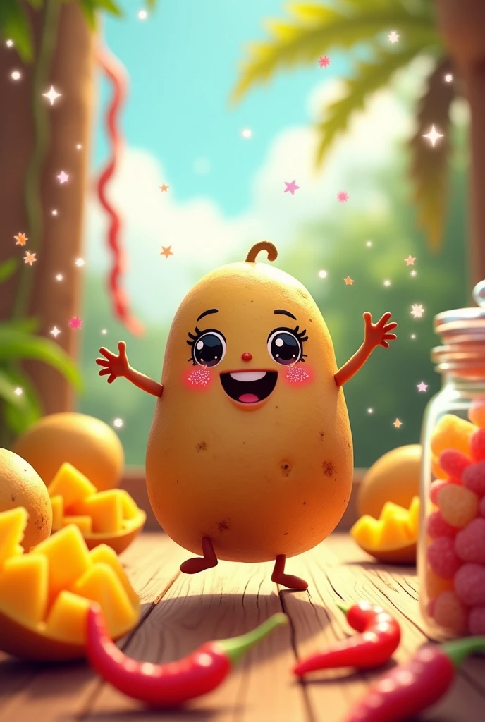 A cute kawaii animated brown potatoe, that is acting very crazy and dummy, dancing crazily on a table, surrounded by many mangoes, lots of colorful gummies, and red chillies