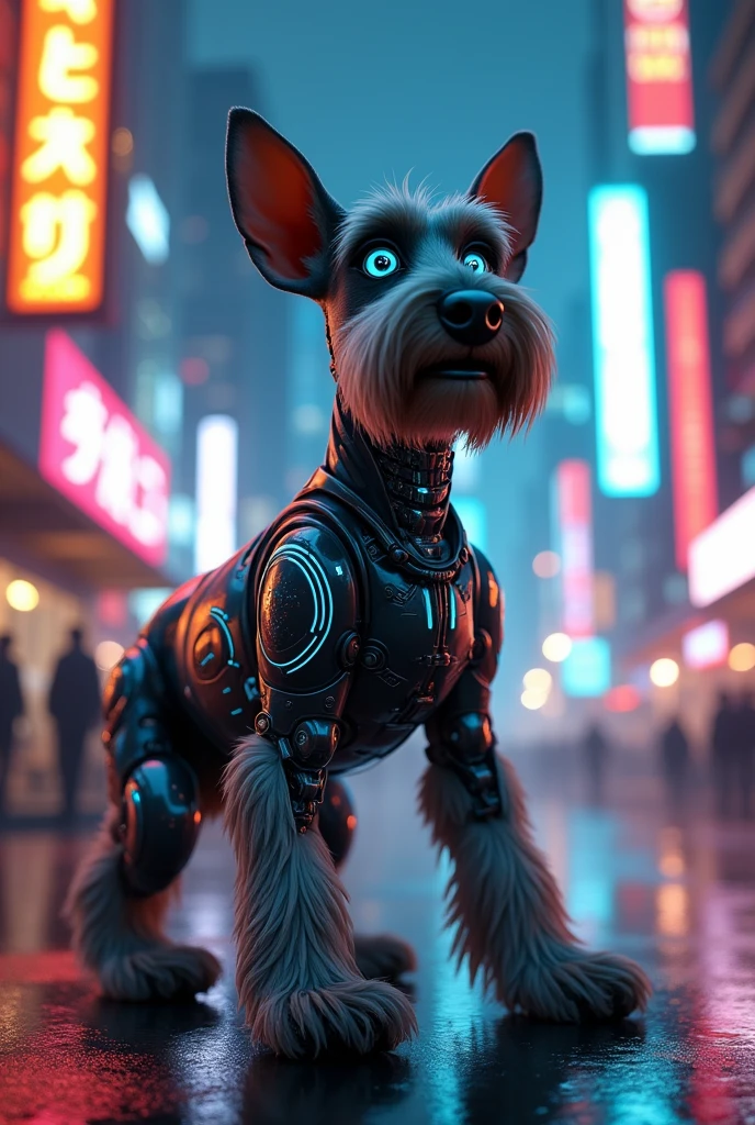 A pepper-colored Schnauzer dog cyborg