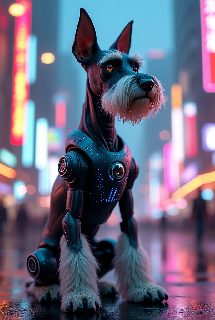 A pepper-colored Schnauzer dog cyborg