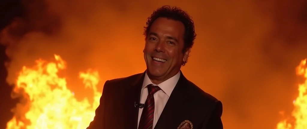 Brazilian TV presenter, silvio santos, is in a place with a lot of fire hell burning