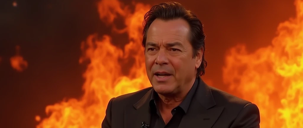 Brazilian TV presenter, silvio santos, is in a place with a lot of fire hell burning 
