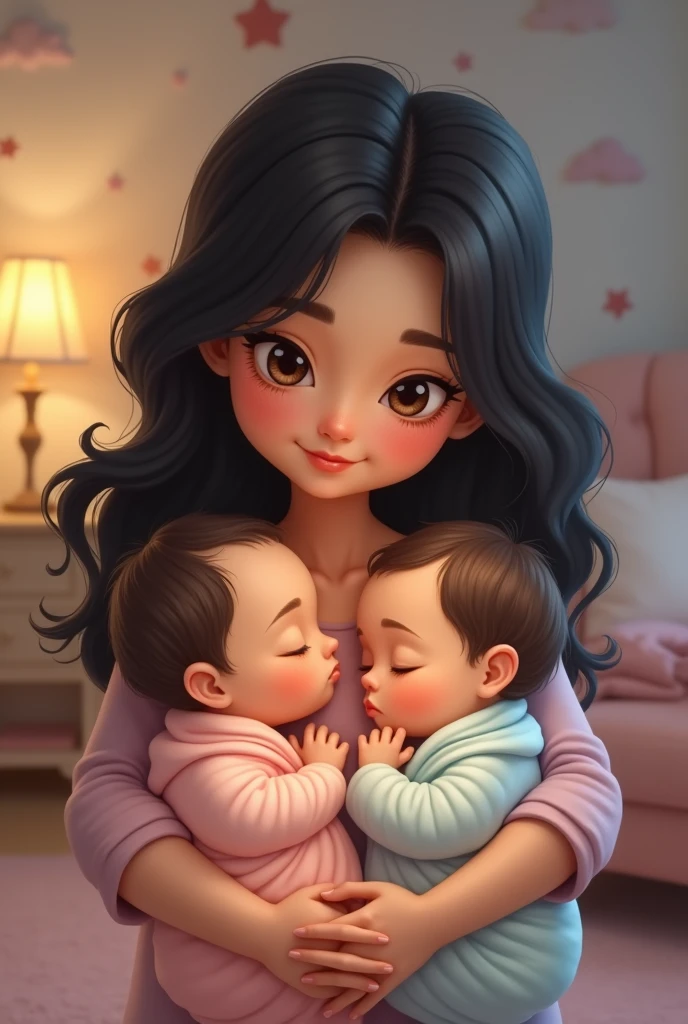 black-haired woman holding two sleeping twin babies
