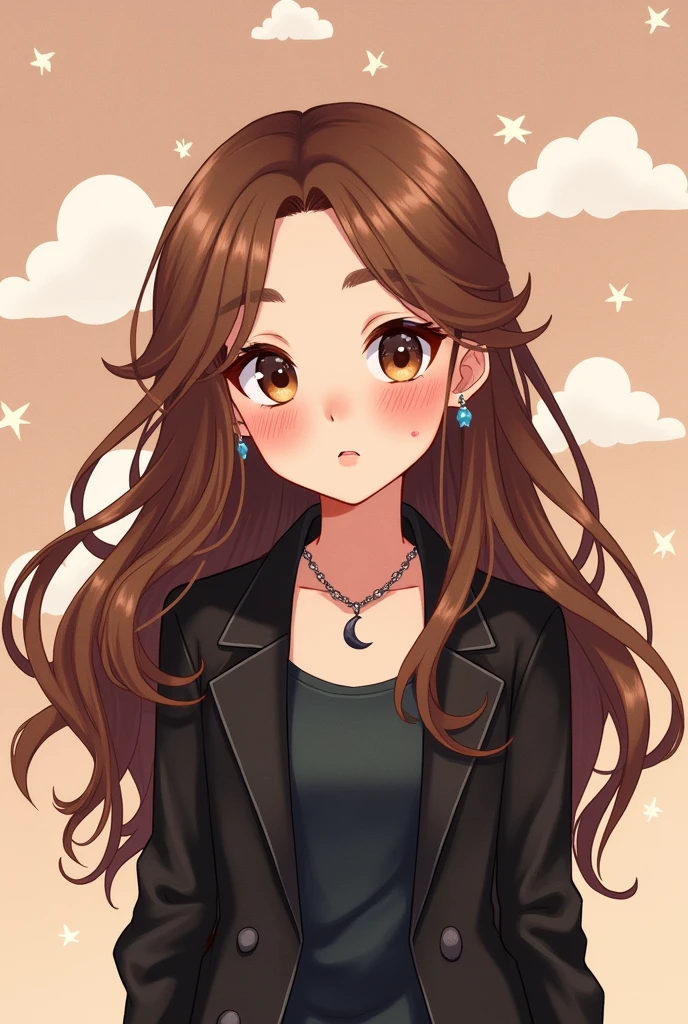 a cute drawing of a brown-haired girl with brown eyes, a nose ring. Coquette makeup and a crescent moon shaped necklace, a mole on the right cheek below the eye and round eyes, a beautiful black jacket outfit