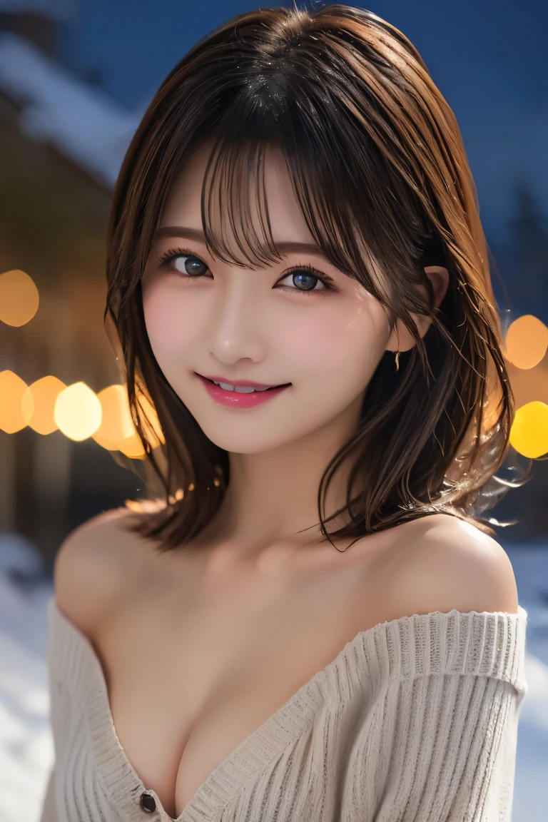 Highest quality, (beautiful)、beautiful女性、、Precision Eyes、Brown eyes、Looking into the camera、Medium Hair、Inward curl hair、Open-front off-shoulder cardigan、night、smile、Snow Scene、Upper Body、naked、Close-up、Larger breasts、Completely exposed breasts