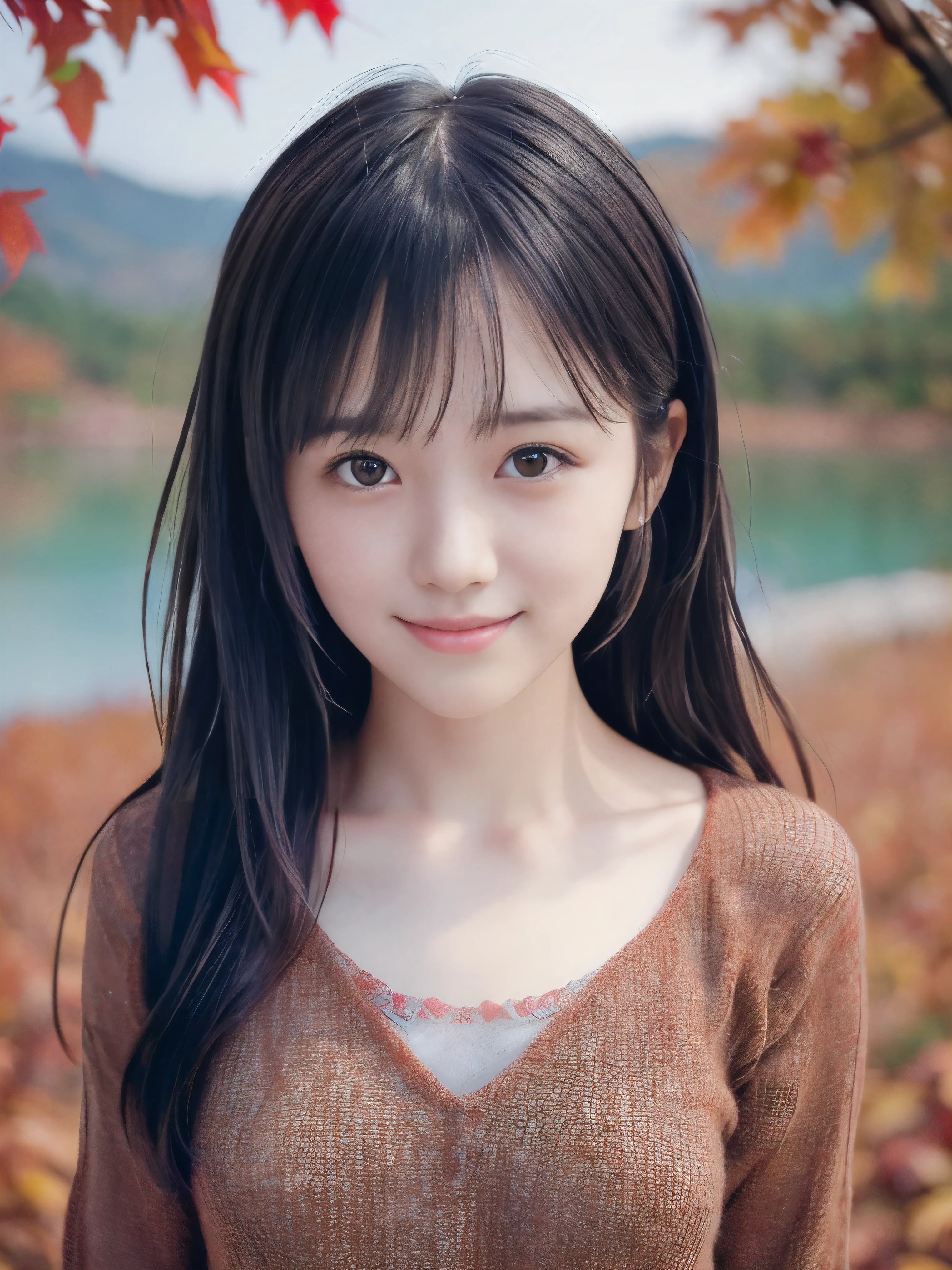 (Close up face shot of one slender small breasts two side up black medium hair bangs girl in autumn colorful long sleeves shirt and sweater1.5)、(One girl is standing on the dart road near the lake with cute smile and fogy:1.5)、(Beautiful red leaves and autumn mountain view:1.5)、(8k ultra detailed master piece:1.5)、(perfect anatomy:1.5)、(Photorealistic stick:1.5)、(Raw photo:1.3)、(highest quality:1.5)、(High resolution:1.3)、(Delicate and beautiful perfect face:1.3)、(Delicate and beautiful eye air skin:1.3)、(Real Human Skin:1.3)、((thin legs))