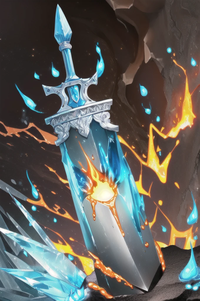 realistic,professional lighting,cinematic angle,(wide shot:1.4),(no humans:1.7),
BREAK
(legendary Sword,ice Sword:1.7),(magic,glowing,swirling blue flame:1.8),(ice floe,ice wings:1.1),(sword stuck in it:1.4),pedestal,ruins,
BREAK
(magma,molten rock,molten iron:1.5),(fire:1.5),(pillars of fire:1.7),(heat:1.5),nature,
BREAK
(fantasy:1.2),(lava area,volcano:1.5),mountain,(masterpiece, ultra-detailed, best quality:1.5),
(high resolution:1.5),(beautiful pretty cute face, beautiful detailed eyes:1.3),
shiny skin,shiny hair,