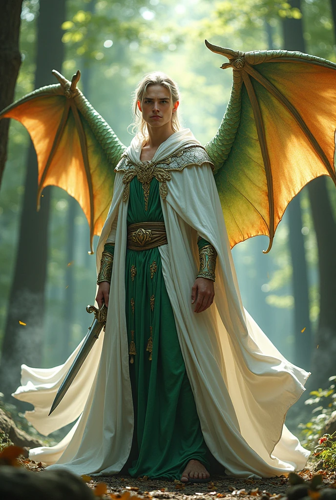 A male Elf, clad in white and long cloaks, with green robes and little armor, with long dragon wings holding two daggers.