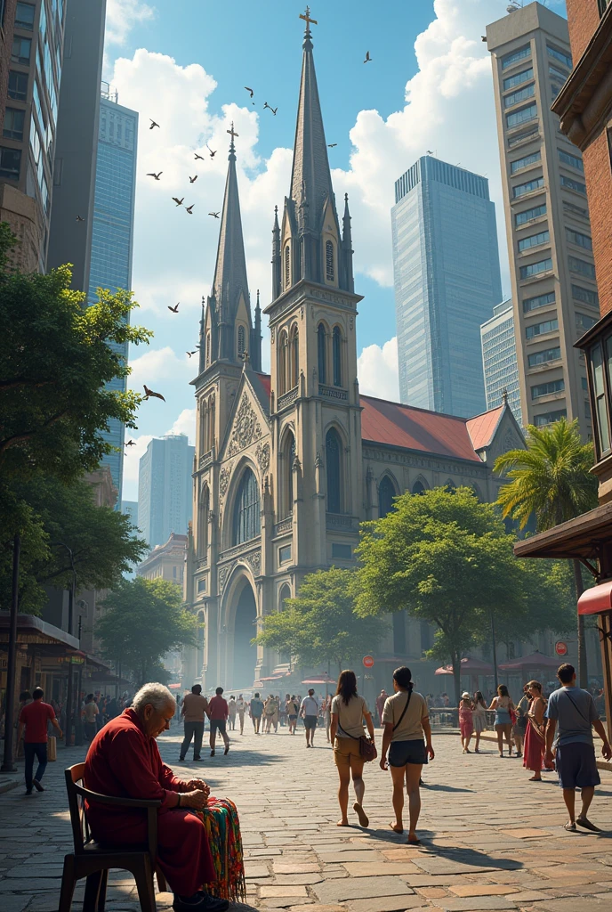 Create an image of a city with many tall buildings, and a church in the middle resembling the Metropolitan Cathedral of Guayaquil´´ and at the entrance an elderly lady selling rosaries