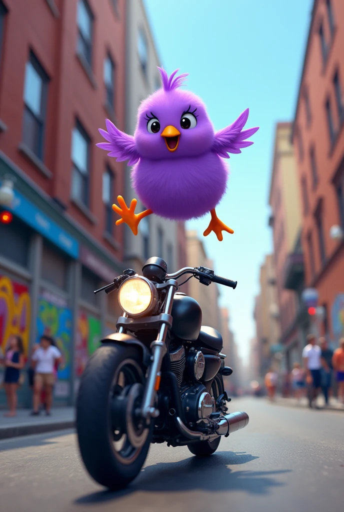 I want a purple chick, upside down in the air, while dodging a moving motorcycle 