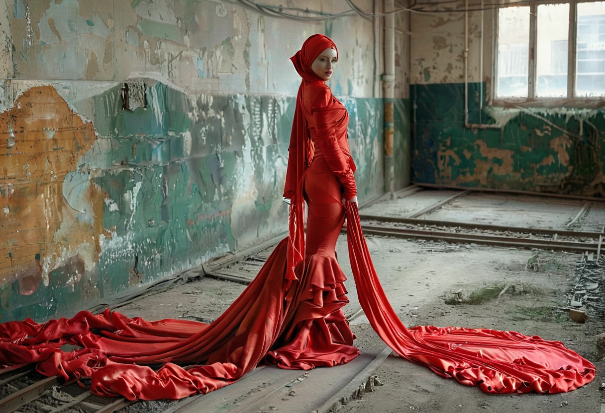 A rusian woman shrouded in a 7-meter-long, plush red satin cloth, tightly bound and grandly draping along the form of her body, flowing off into a pooled floor-length train, styled in a mermaid-inspired outfit, her head modestly veiled in a satin hijab, tall woman, standing in front of class, a full-body pose conveying a sense of mysterious elegance, captured in a 4k resolution, ultra-realistic