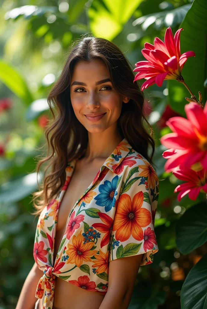 A Brazilian woman in a lush tropical garden, wearing an open shirt with a floral print, with a close-up capturing the harmonious beauty between her breasts and the natural flowers, showing off your natural charm and outgoing personality.