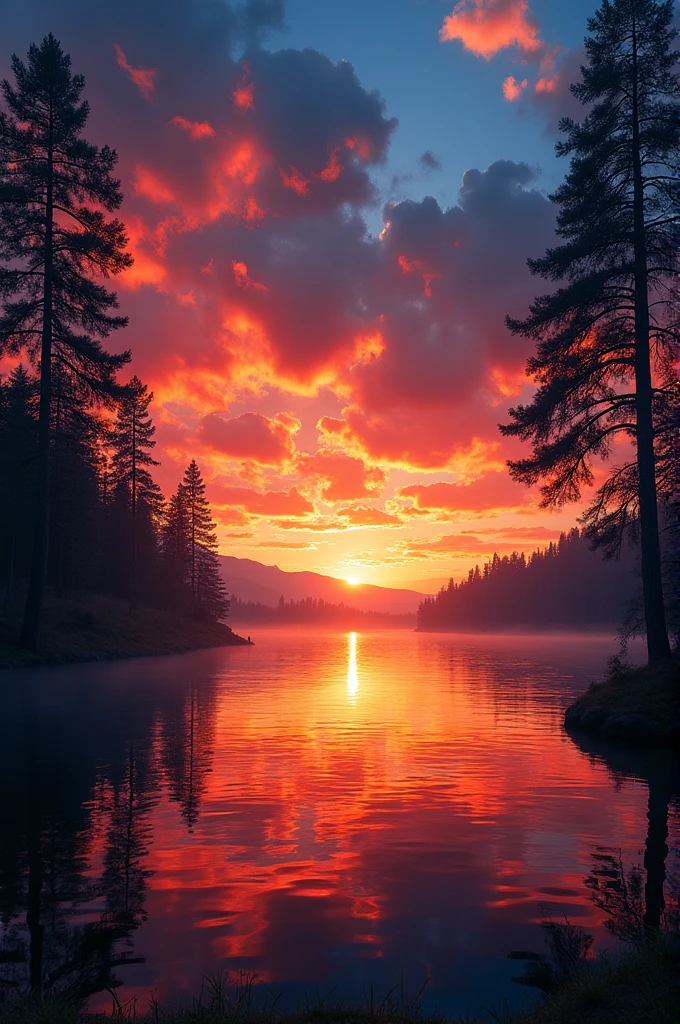 there is a beautiful sunset with a lake and trees in the background, colorful skies, surreal colors, colorful sunset, colorful sky, marvellous reflection of the sky, stunning sky, dream like atmosphere 8k, colorful clouds, colors reflecting on lake, surreal sky, red and blue reflections, fire reflection, beautiful sky, beautiful and spectacular dusk, beautiful dreamy landscape, amazing sky