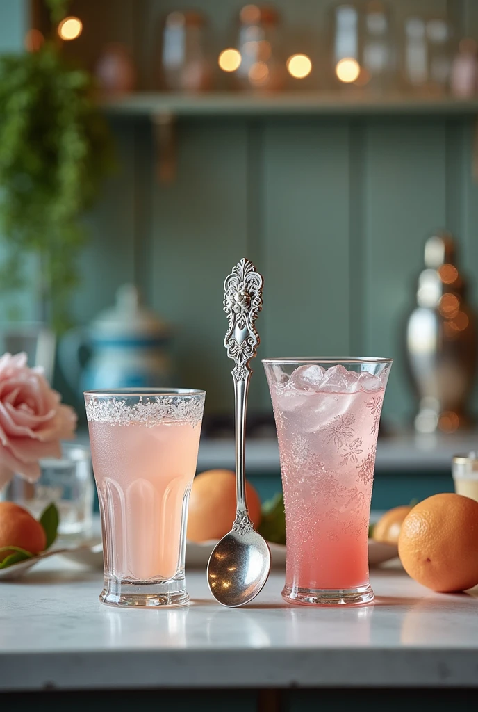 Make me a bar spoon, an ounce, a cocktail shaker with the Victorian style of Flower Knows Coquette pastel color