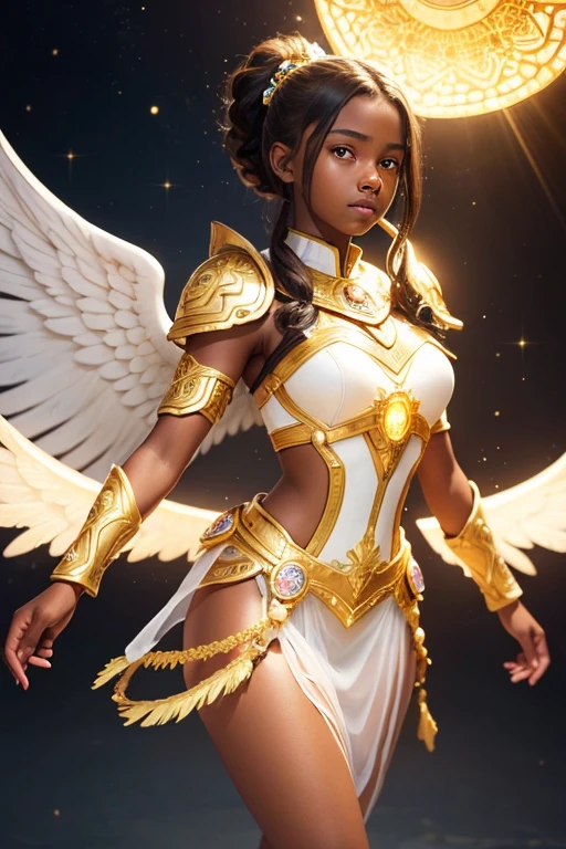 A young 15- yr old native European girl with lovely charminvg face,(dark skin texture masterpiece), (perfect full body detailed anatomy), (Super accessories detailed), (meditating ), (perfect detailed glowing bright eyes),(short ponytail illuminating yellow crystalized hair)，Wearing transparent costume of an angel，holding a treasure septer & shield, illuminating different lights covers the sorrounding atmosphere Has beautiful large white wings, The character solemnly praying 