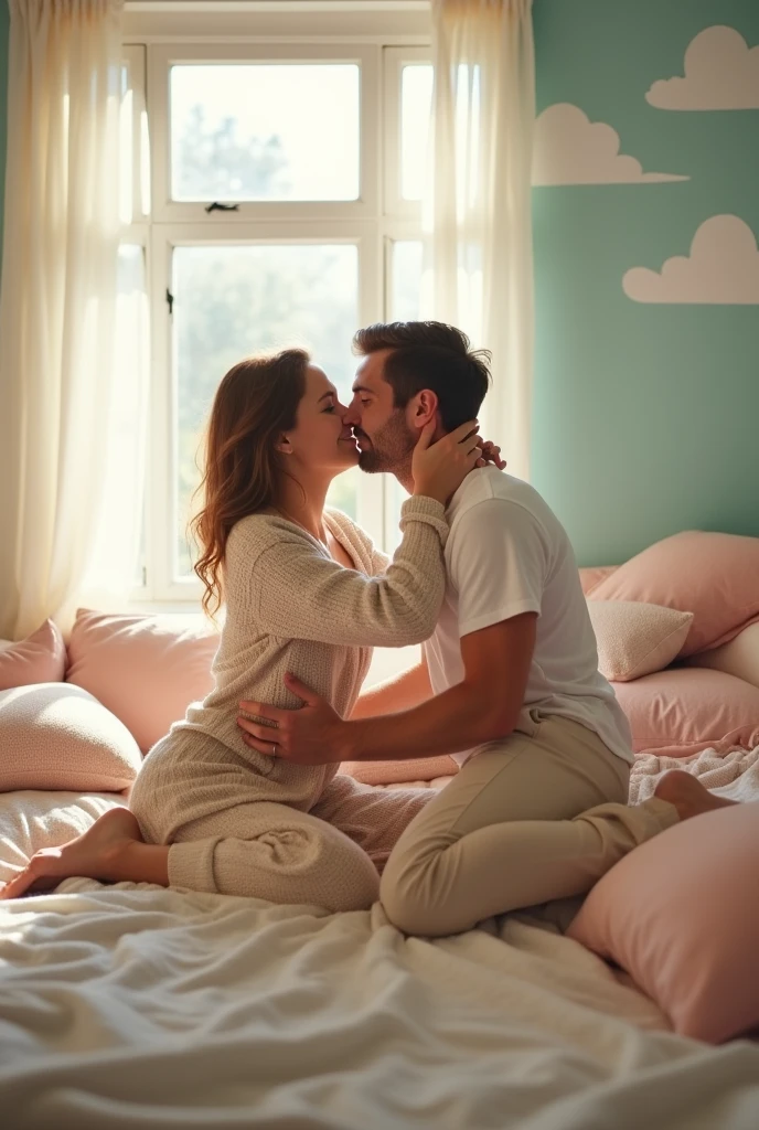 Write a couple having sex.
They are also kissing.
Make it more lighthearted.