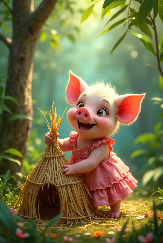 (animation:1.2), good looking cute happy small pig wearing pink frock and flowers is building a small house made of straws in the jungle by Greg Rutkowski, by Alphonse Mucha